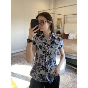 Apt. 9 Blue Floral Pleated Button Down Blouse Size PM